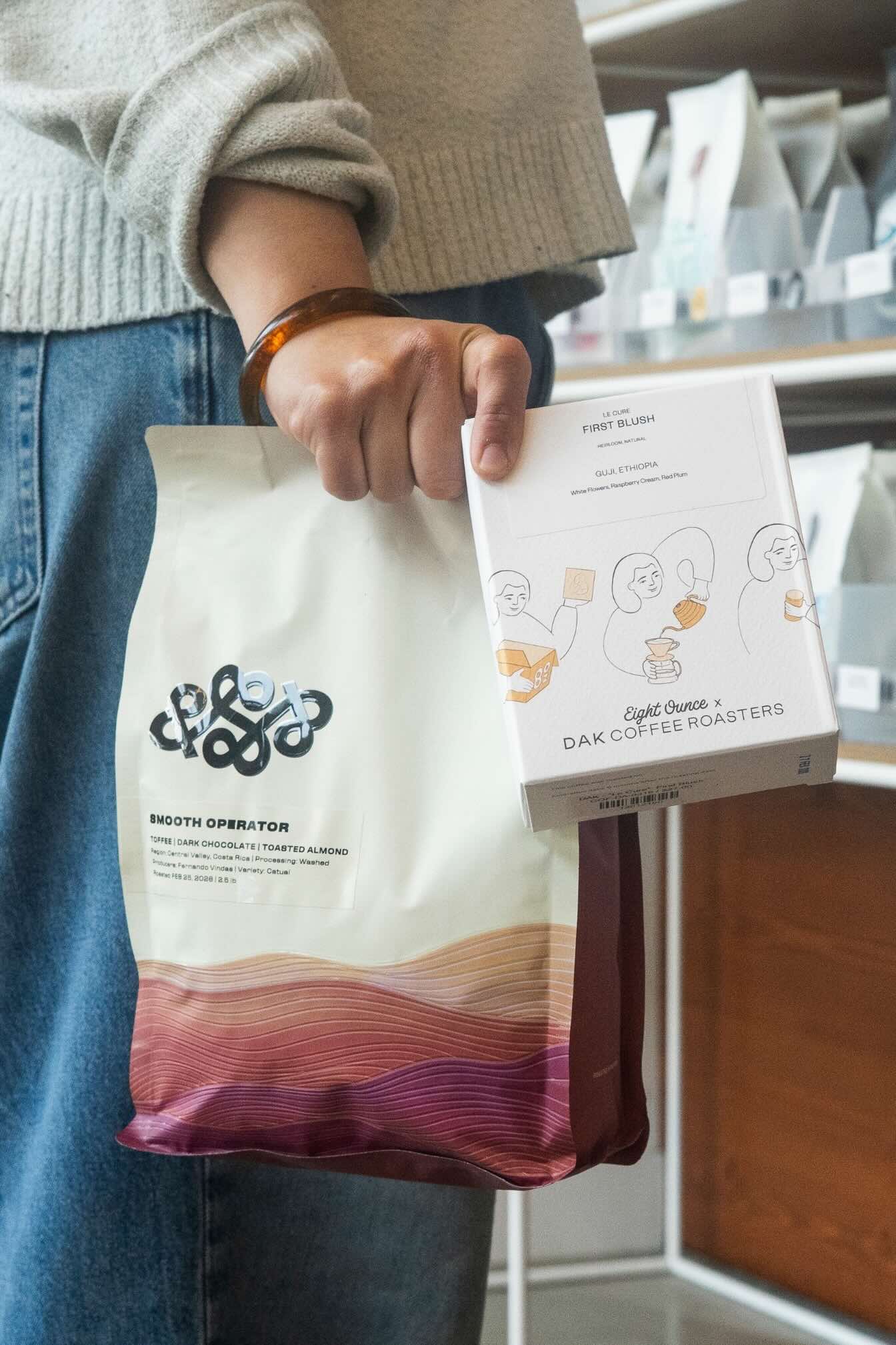 Bags of coffee beans on a shelf